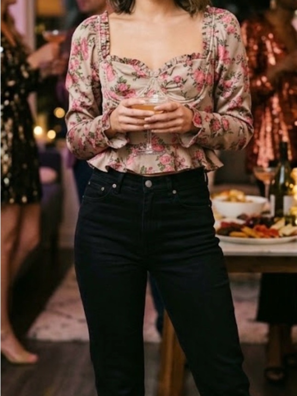 Astr the Label Floral Sweetheart Neck Peplum Blouse